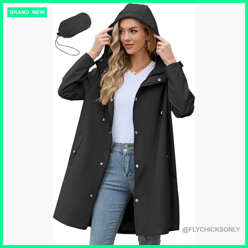 Long Packable Waterproof Rain Jacket with Hood Lightweight Windbreaker